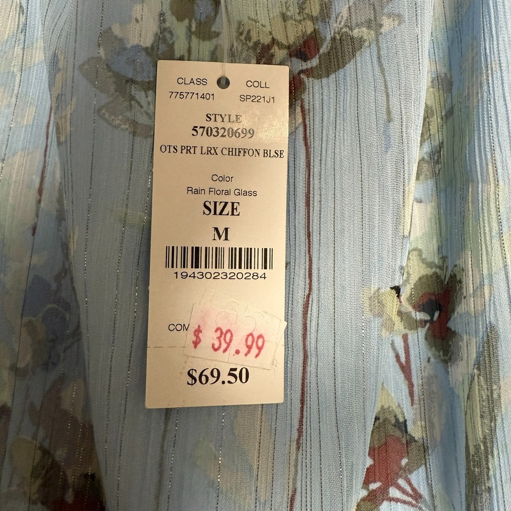 WHBM Cottagecore Off Shoulder Chiffon Floral Blouse M Light Blue Lurex Shimmer - Picture 3 of 11